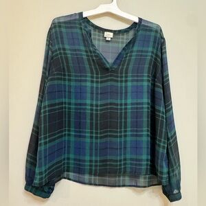 a new day Plaid V-Neck Blouse - Green and Blue